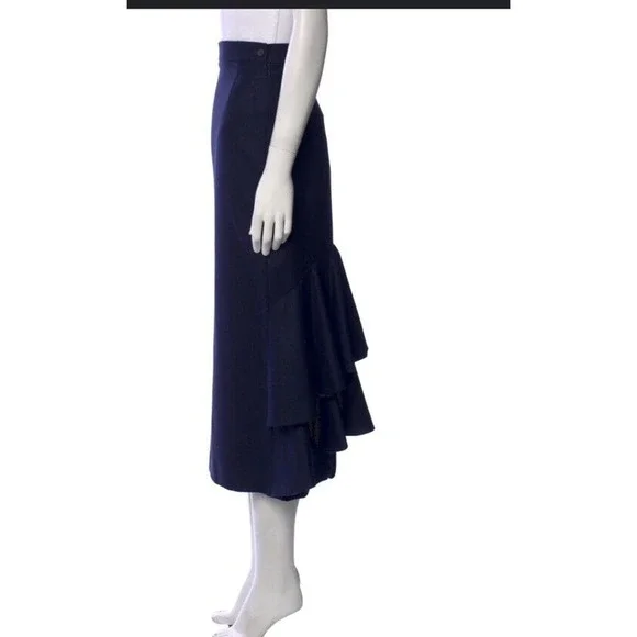 Lake Studio Skirt Midi Ruffle 100% Wool Navy Blue Classic Luxury Sz 42 US 6, M - Picture 1 of 11